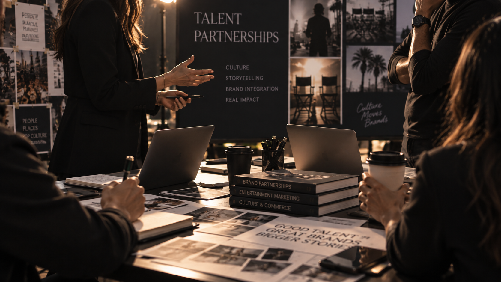 behind-the-scenes shot of a talent negotiation or brand integration meeting