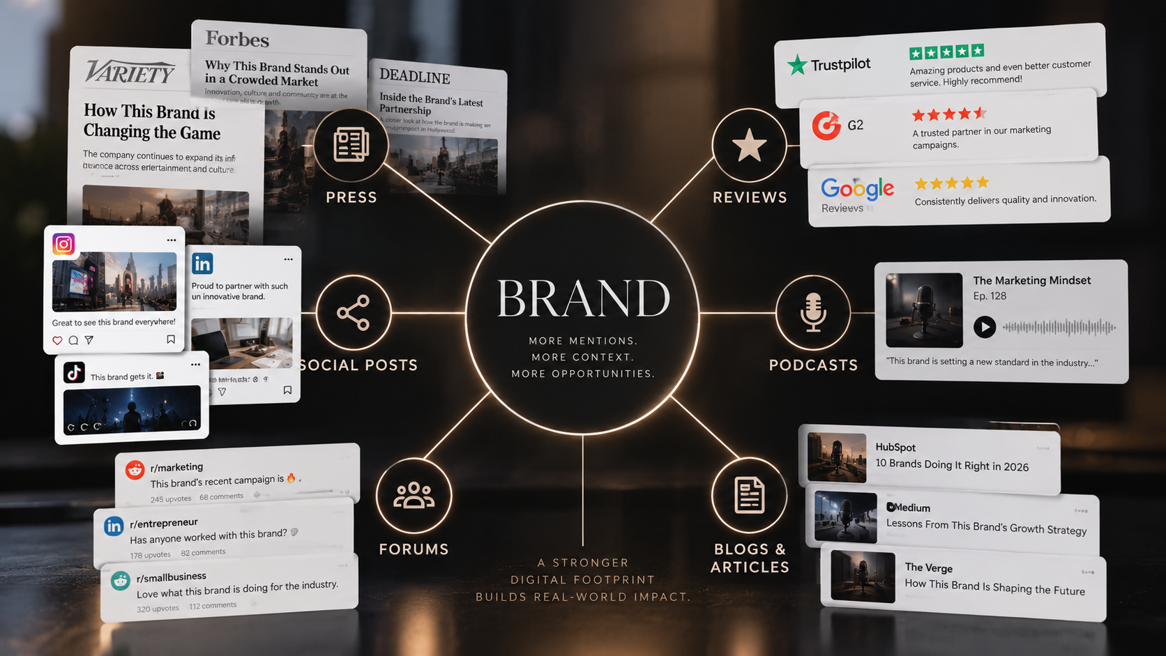collage of press logos, review sites, and social platforms feeding into an AI icon