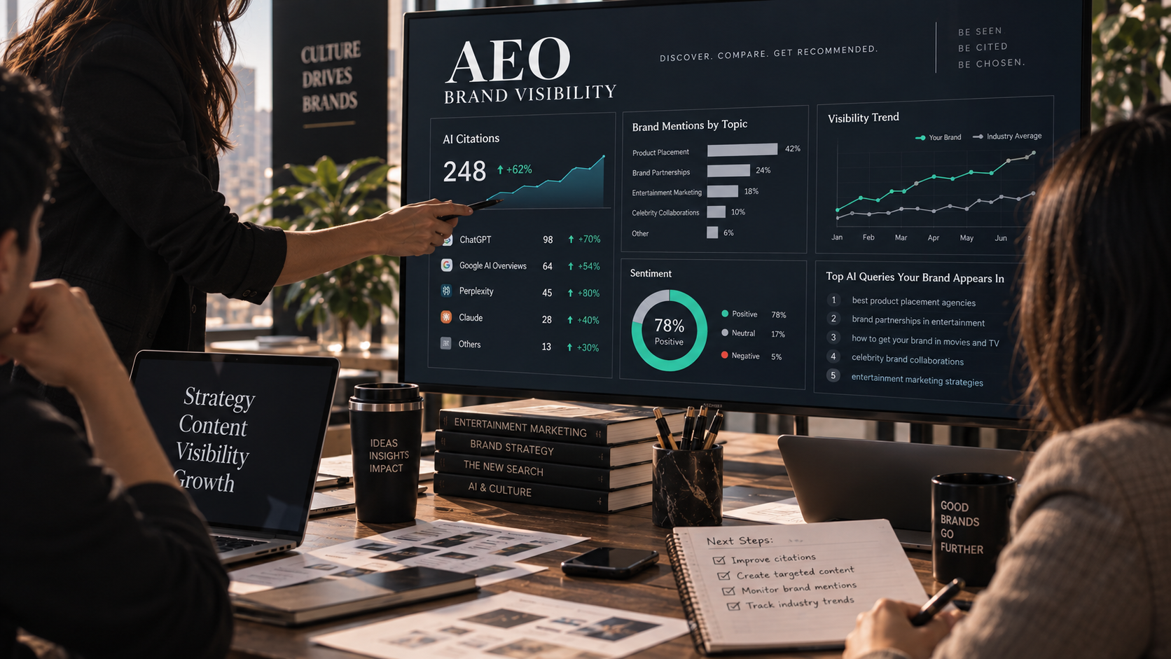marketing team reviewing an AEO dashboard or brand visibility report