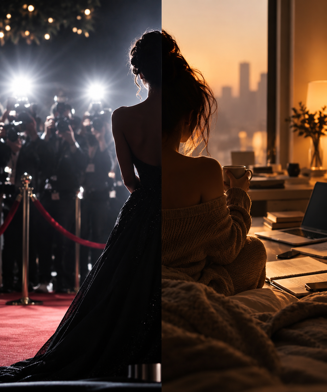 public figure on stage, framed alongside a candid, unposed moment backstage