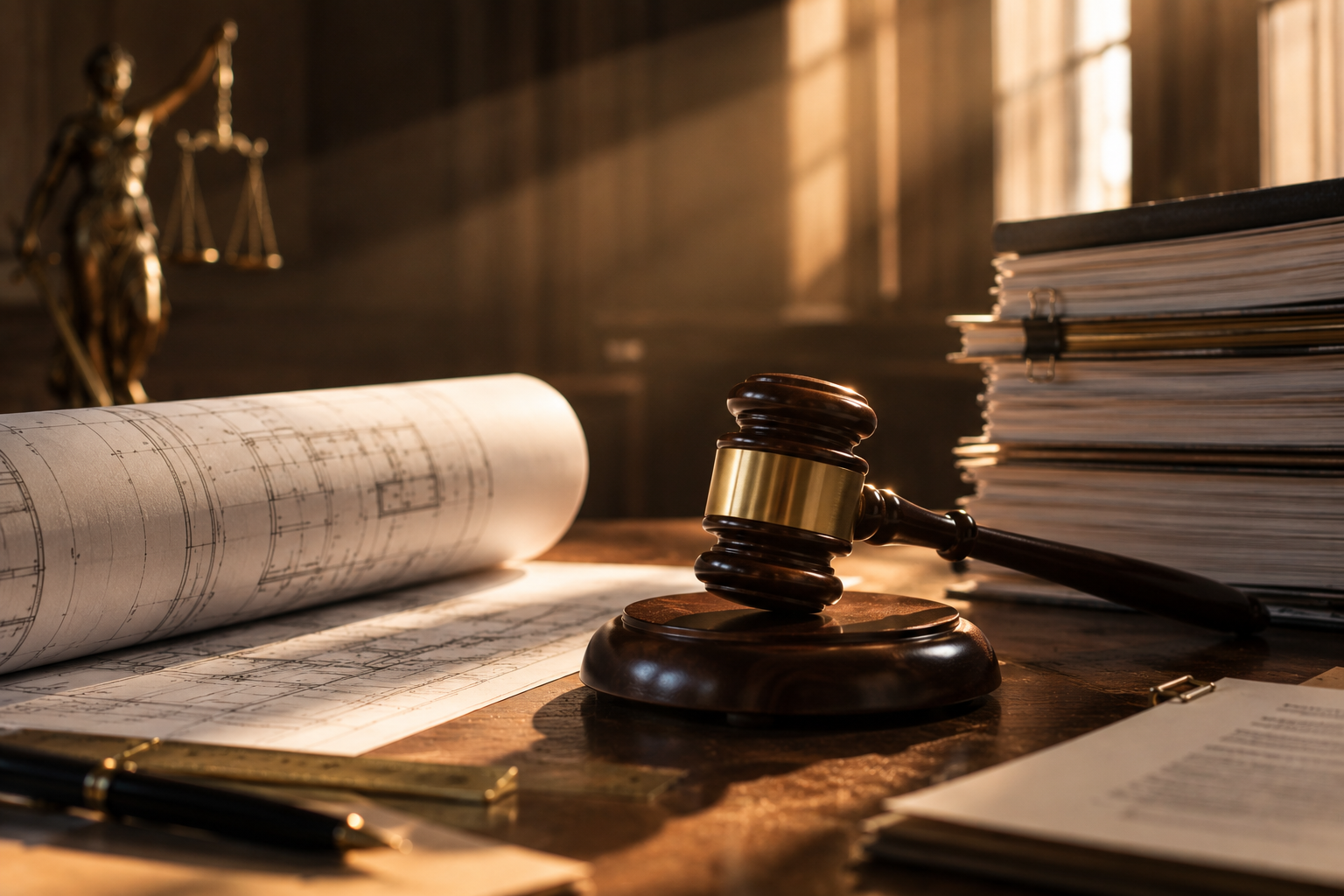 A courtroom-style wooden gavel resting beside a rolled architectural blueprint and a stack of official documents