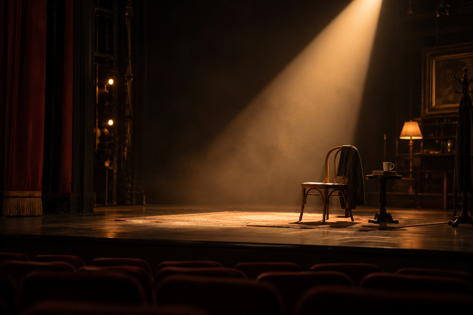 A single spotlight illuminating an empty stage with a subtle prop silhouette placed naturally within the scene
