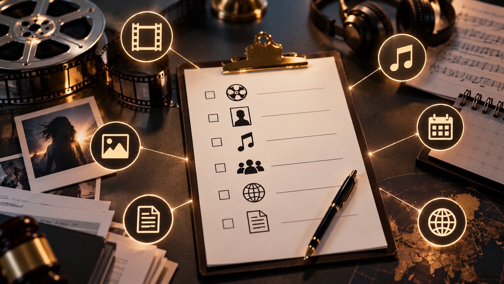 Celebrity rights clearance checklist covering image ownership, usage, likeness, music, guild terms, and territory