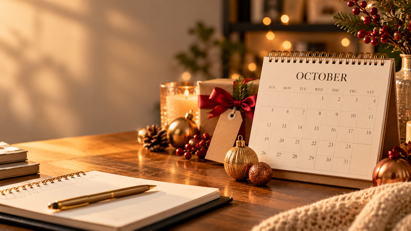 October calendar with holiday decorations showing why holiday marketing planning now starts earlier