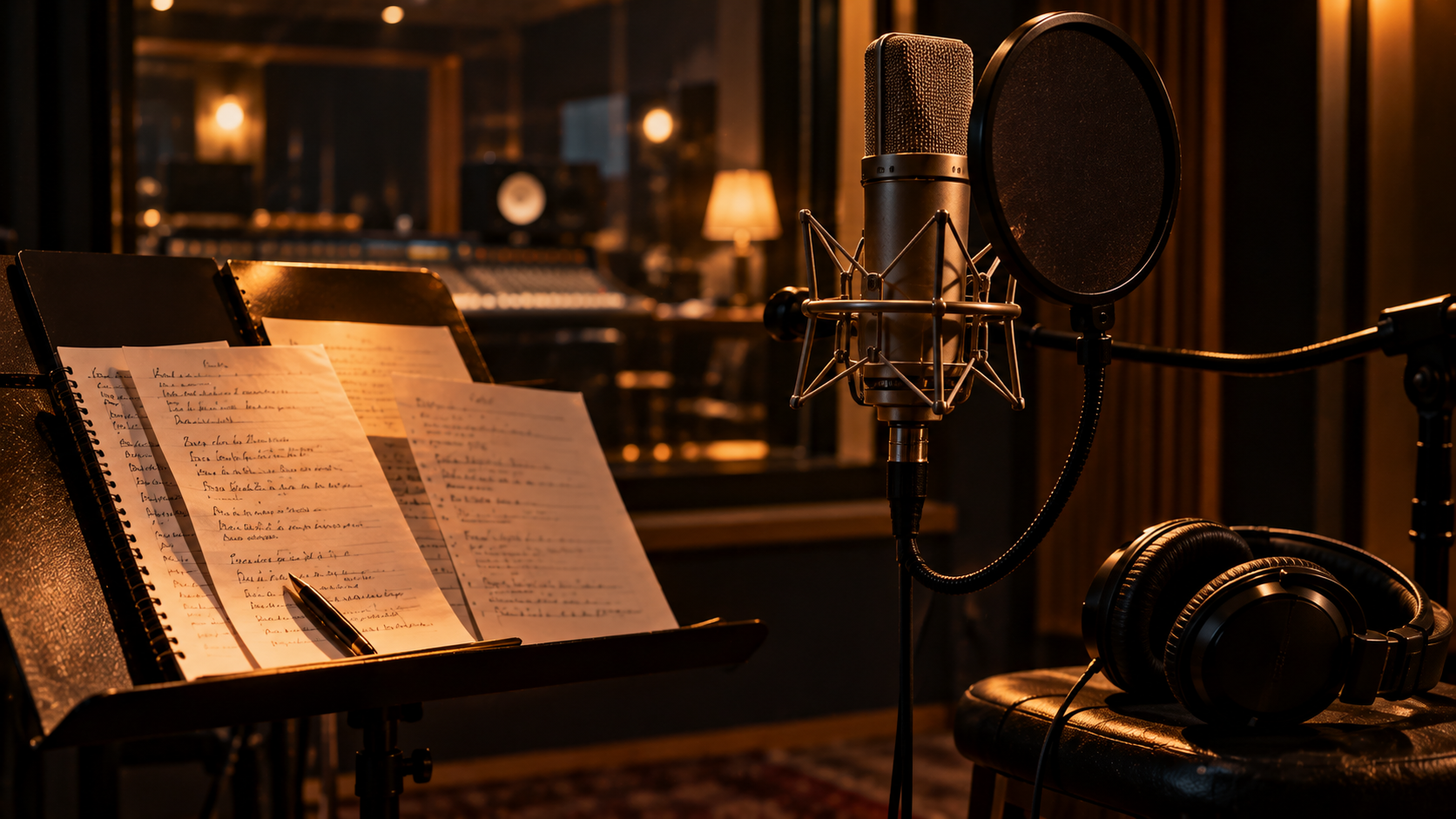 Recording studio microphone and lyric sheets illustrating how brand mentions in song lyrics build consumer memory